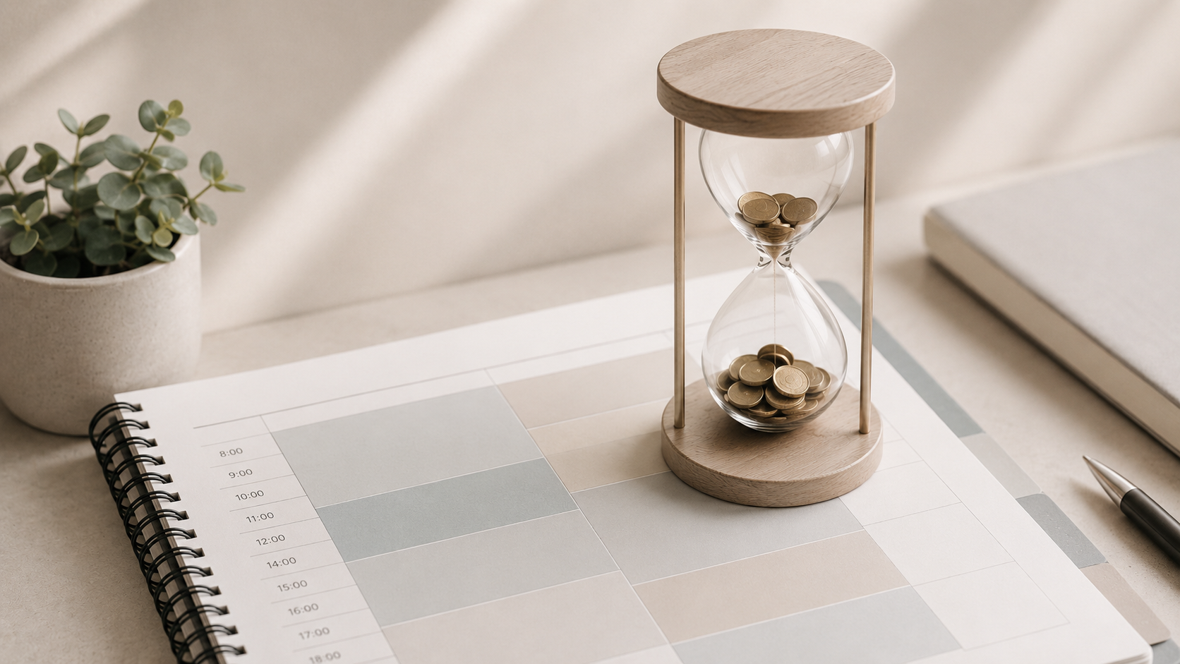 Reloj de arena con monedas sobre una agenda planificada, representando el valor del tiempo directivo y la técnica de Time Blocking.