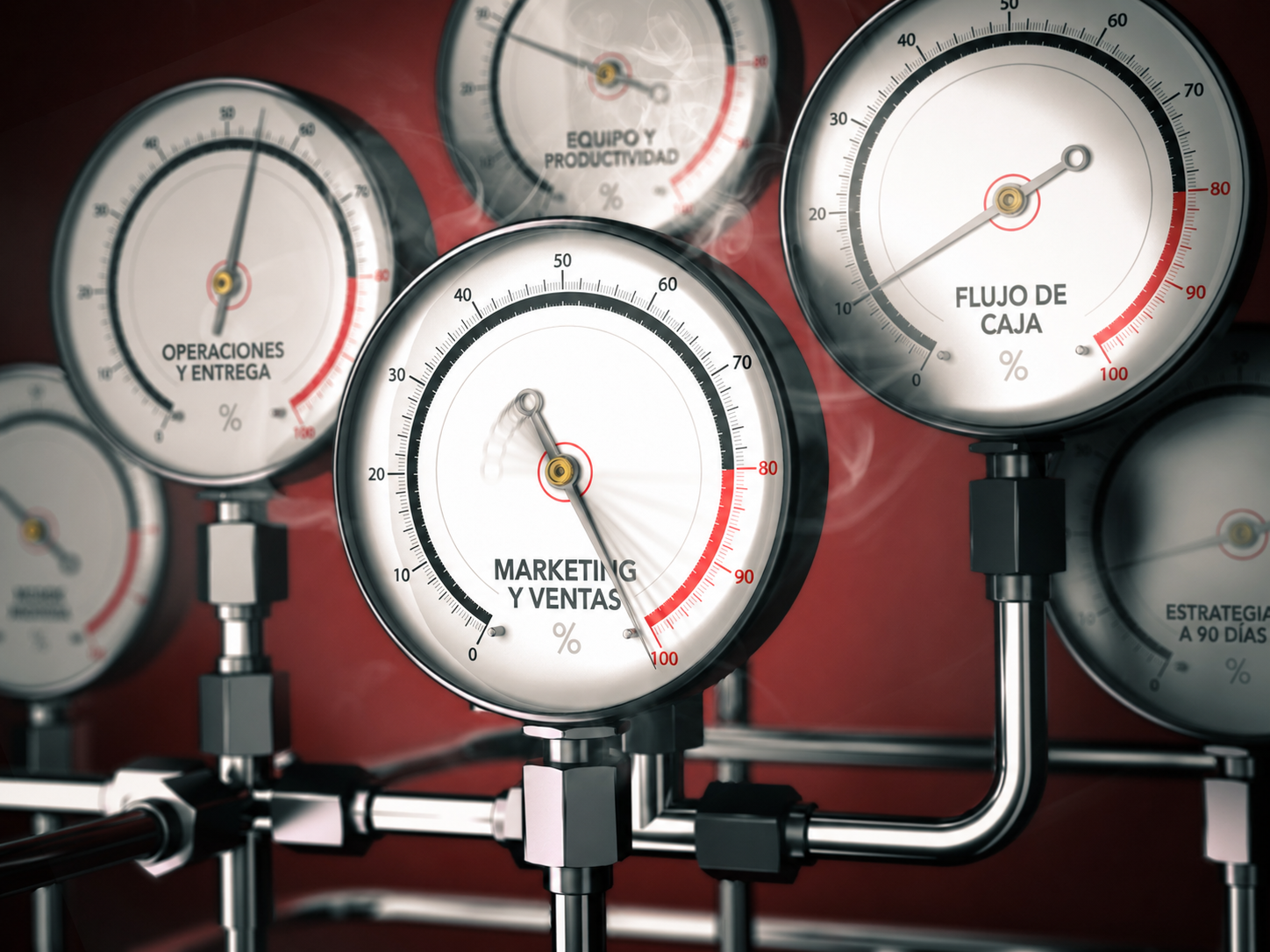 Relojes medidores industriales mostrando los 5 tableros de control fundamentales de una empresa: Marketing, Flujo de Caja, Operaciones, Equipo y Estrategia.