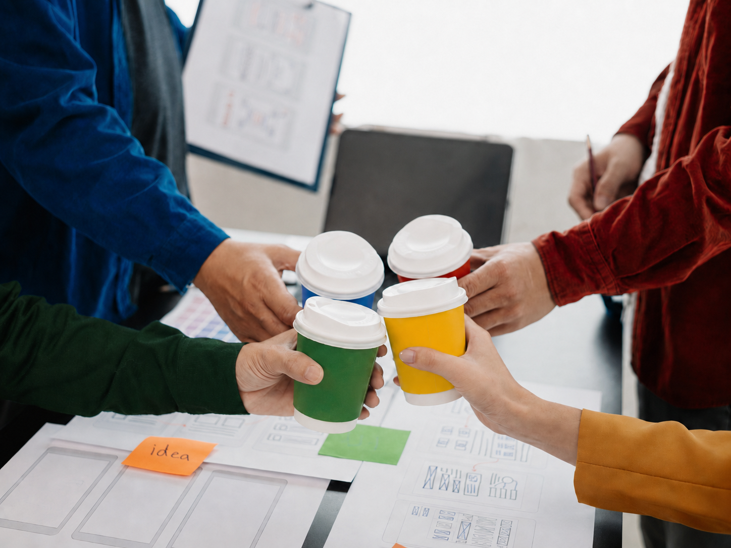 quipo de trabajo colaborando y uniendo vasos de café con los 4 colores del método DISC.
