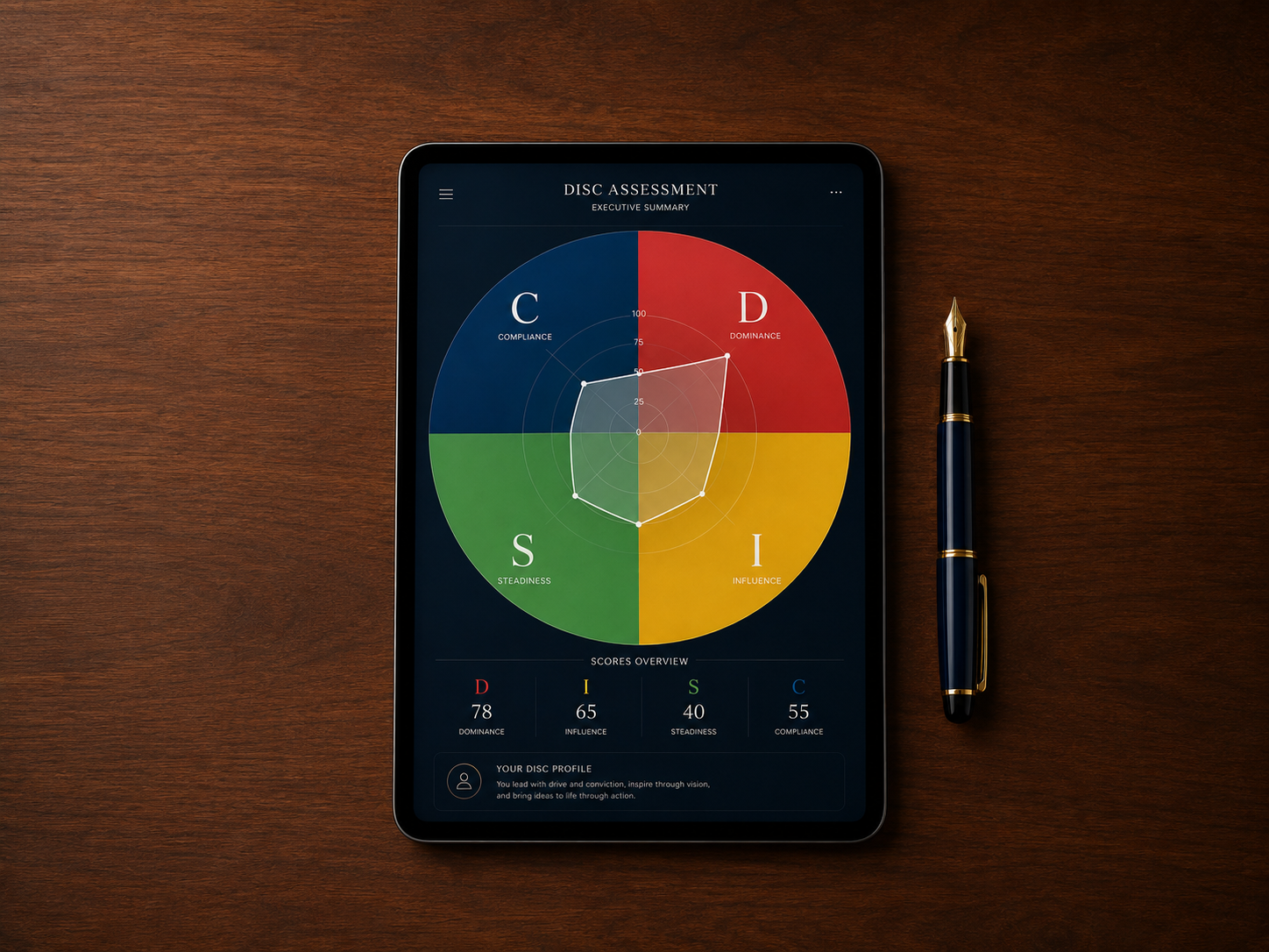ablet mostrando un dashboard en modo oscuro con los resultados de una disc prueba psicotécnica, junto a una pluma estilográfica sobre un escritorio ejecutivo.
