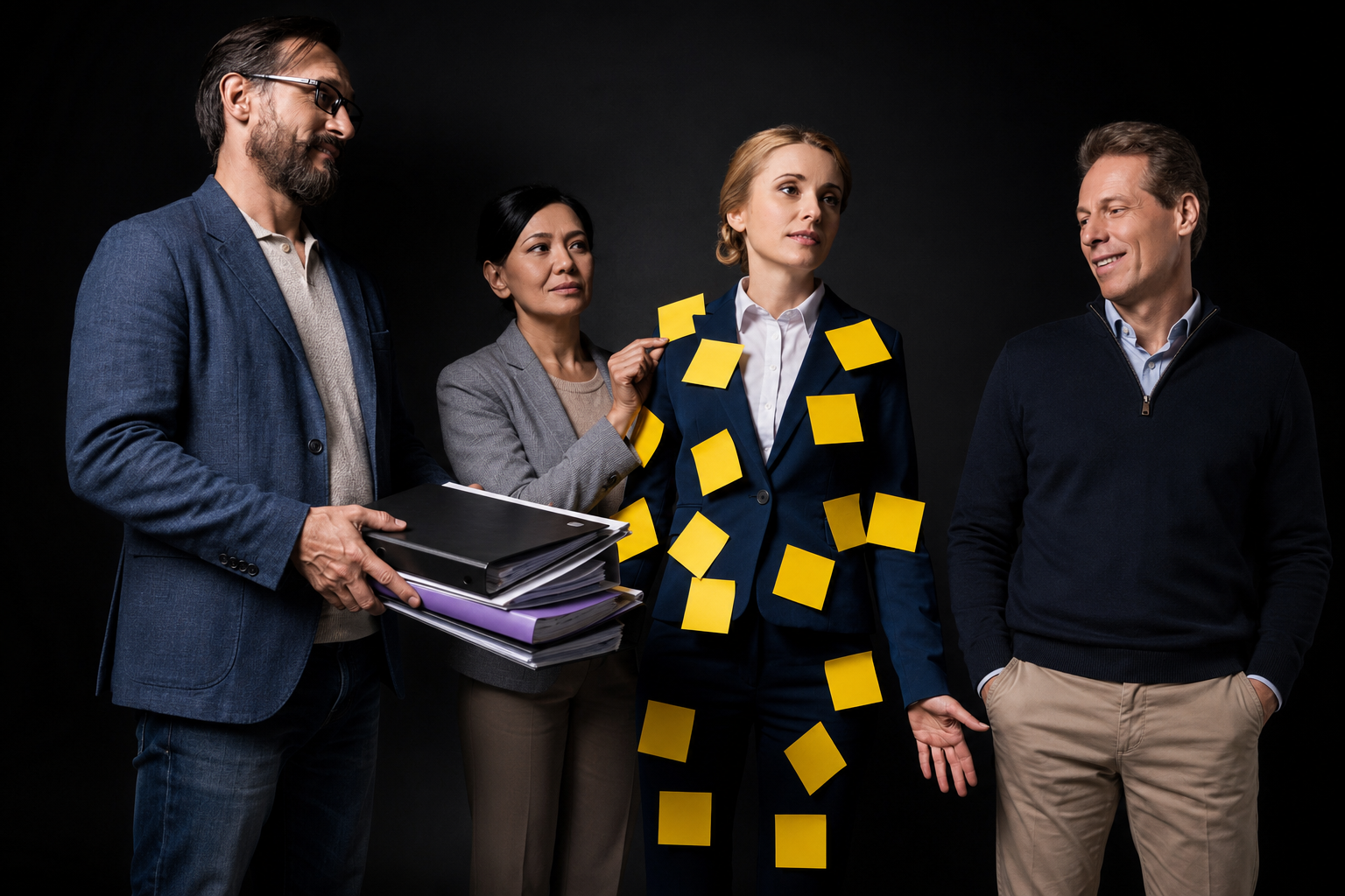 Gerente saturada de tareas y post-its por su equipo, ilustrando la urgencia de realizar un diagnóstico de empresas.