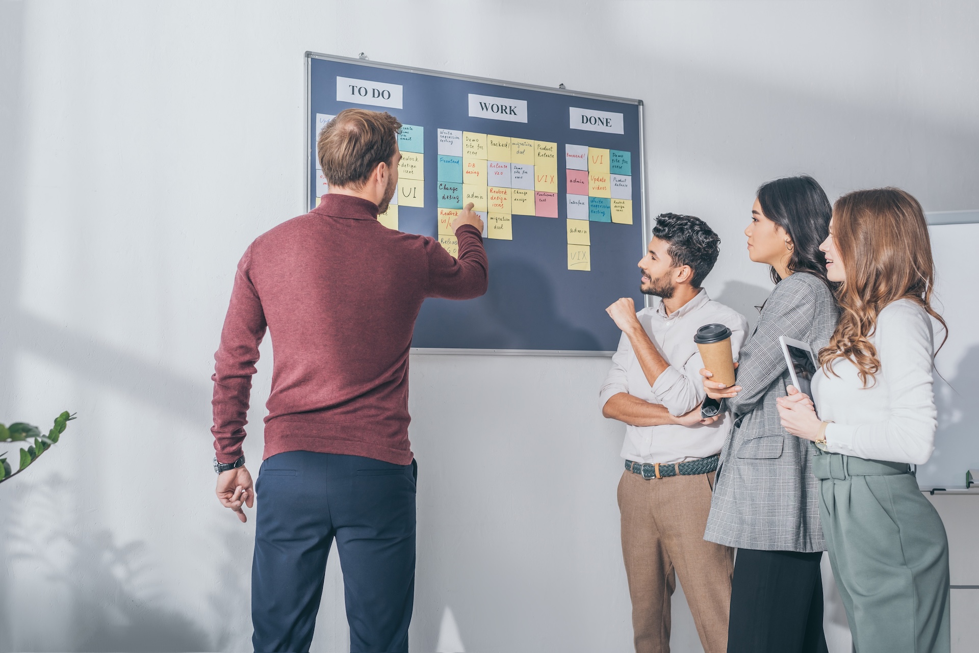 Equipo de trabajo asignando tareas de forma eficiente en un panel Kanban tras analizar los resultados de un perfil disc test.