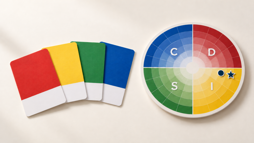 Cuatro tarjetas de color sueltas frente a una rueda DISC con la posición del perfil natural y adaptado, metáfora de la diferencia entre un test DISC gratis y un test DISC profesional.