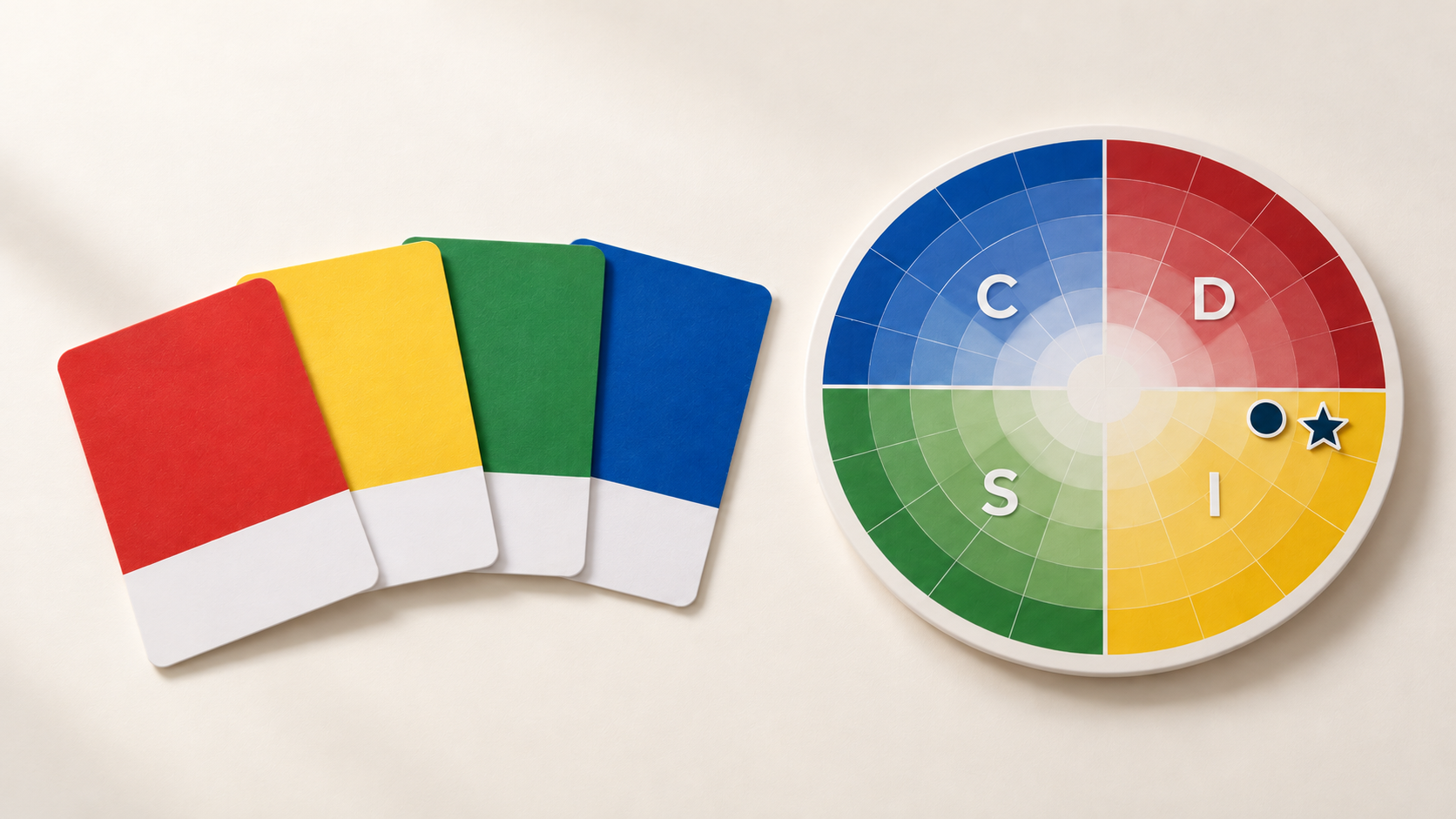 Cuatro tarjetas de color sueltas frente a una rueda DISC con la posición del perfil natural y adaptado, metáfora de la diferencia entre un test DISC gratis y un test DISC profesional.